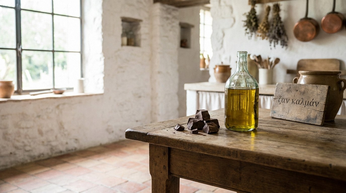 Rustic kitchen with whitewashed walls. A wooden table holds dark chocolate chunks, a glass bottle of yellow oil, and a