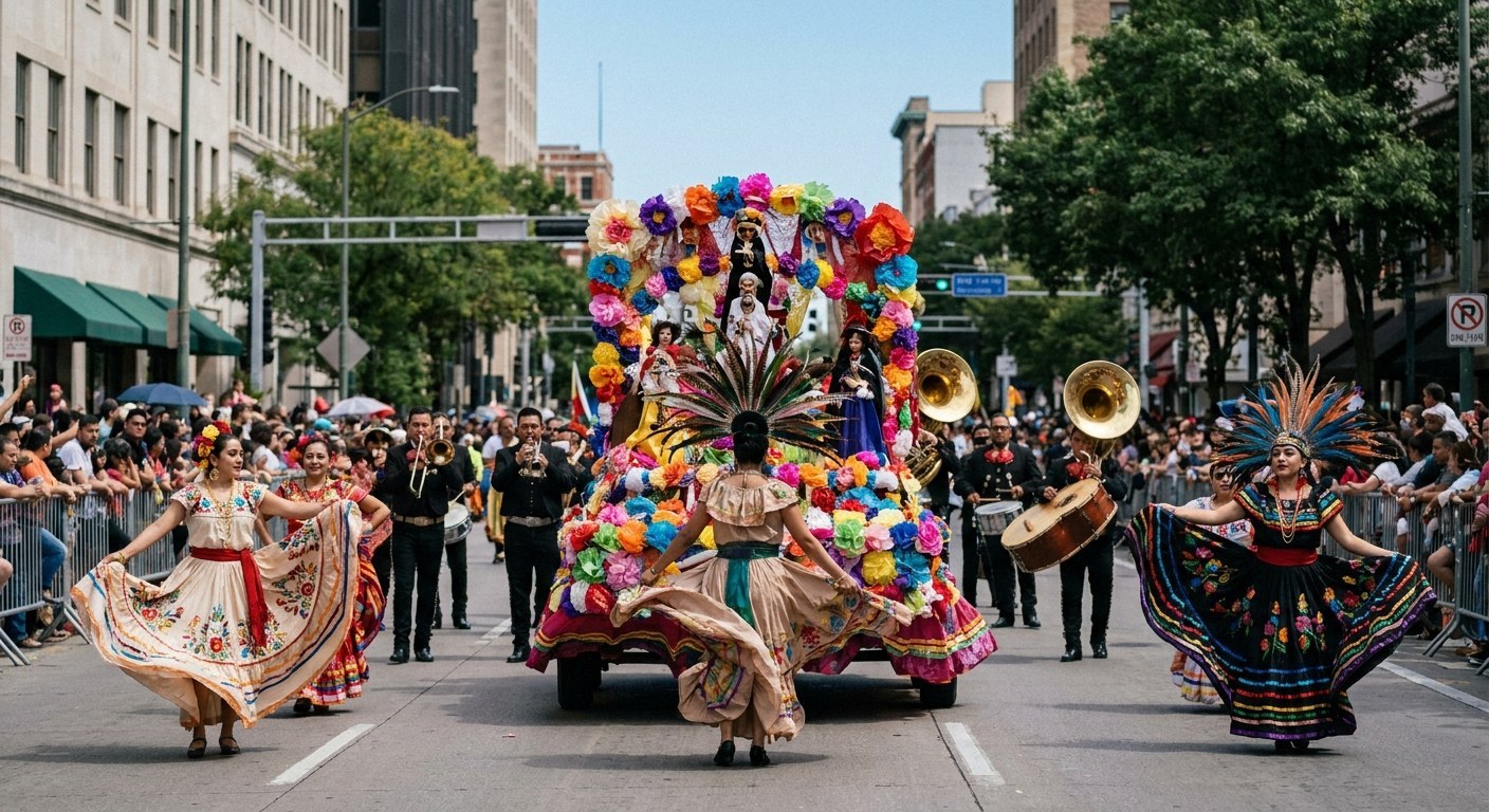 Street parade with a floral float, dancers in traditional Mexican dresses, mariachi musicians, and a crowd behind