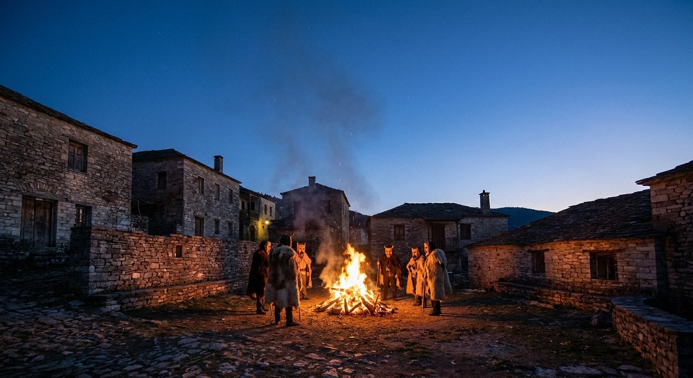 A wide shot of a stone village square at dusk. A large bonfire burns centrally, surrounded by figures wearing animal